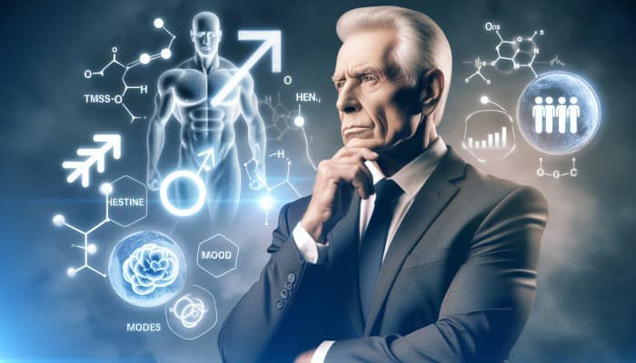 Male Hormone Blood Test in Grays: An older man contemplating, surrounded by symbols of testosterone, muscle, and mood, illustrating male hormone effects.