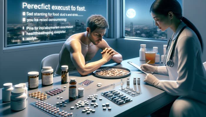 A man fasting overnight, avoiding medications and supplements, consulting a healthcare provider for a hormone test in a clinical setting.