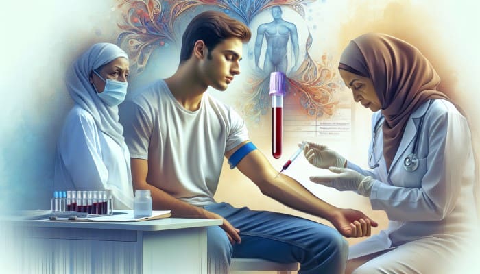 A male patient calmly receiving a quick, minimally painful hormone blood test in a serene medical setting.