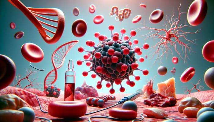 Illustration of Vitamin B12 with red blood cells, DNA, nerve fibers, and animal products.