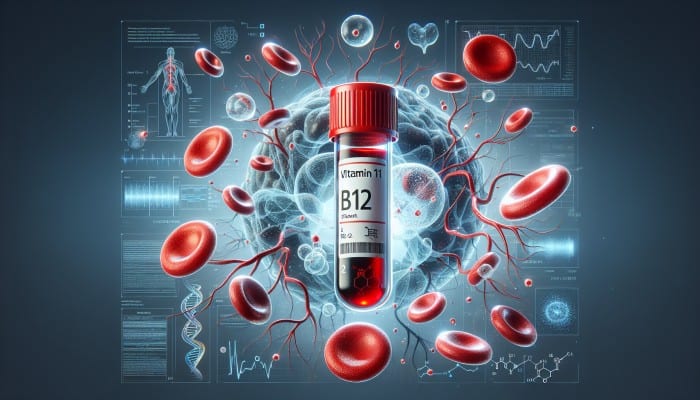 A blood test vial labeled 'Vitamin B12' with neural pathways and red blood cells.