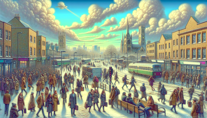 Bedford's urban scene with commuters under cloudy skies, showing health challenges and solutions.