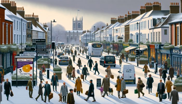 A winter scene in Chelmsford with people rushing to work, taking vitamin D, and heading to RHS Garden Hyde Hall.