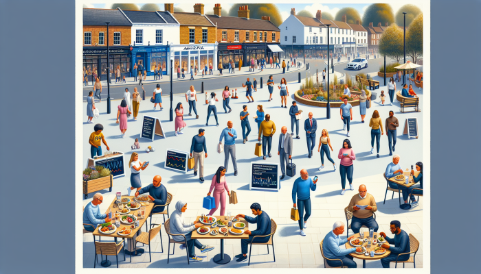 A busy Chelmsford street with people managing heart health through lipid checks, healthy eating, and park walks.