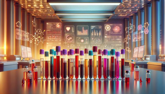A colorful array of labeled test tubes and vials on a modern lab background.