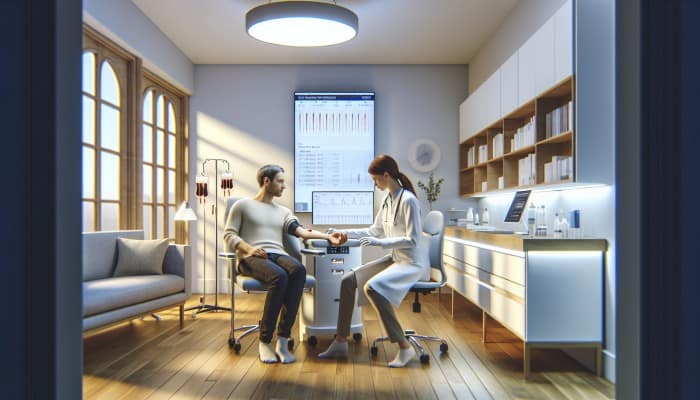 Private Blood Tests Guildford: A serene medical clinic in Guildford offering private blood tests with modern equipment and soft lighting.
