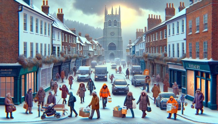 Historic Guildford street in winter, residents with vitamin D supplements, cloudy sky, reflecting health and commuting stress.