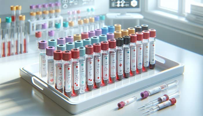 A variety of labeled private blood test vials on a white medical tray, lab background.