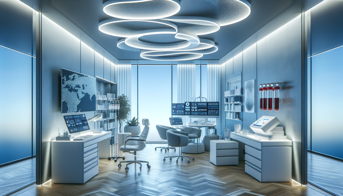 Private Blood Tests Maidstone: A serene medical clinic in Maidstone with a private blood testing room, modern equipment, and a calm, professional atmosphere.