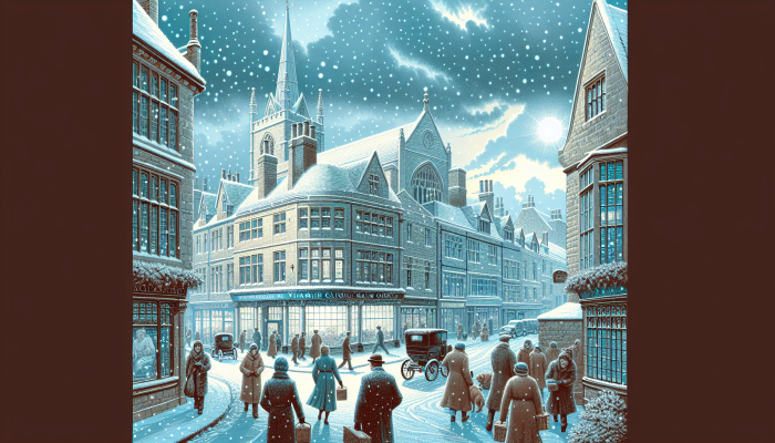 A winter scene in Maidstone with people rushing to a clinic for vitamin D supplements, historic buildings in the background.