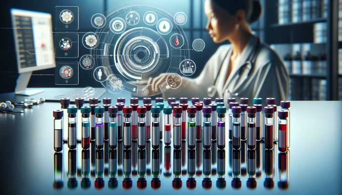 A professional examines various labeled blood test vials on a modern lab table under clinical lighting.