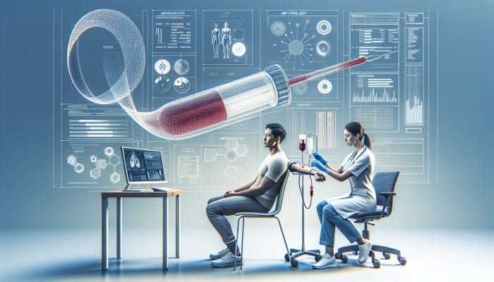 A patient calmly preparing for a blood test in a serene medical setting, with a healthcare provider explaining the procedure.