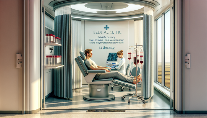 Private Blood Tests Lincoln: A patient receiving a private blood test in a modern, serene Lincoln clinic with a friendly healthcare professional.