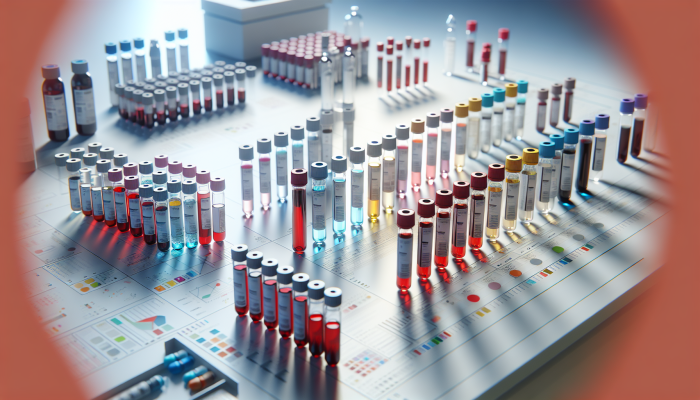 A variety of blood test vials on a lab table, labeled with different health metrics.