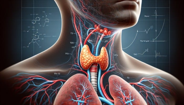 Anatomical illustration of thyroid gland in neck, releasing T3 and T4, connected to pituitary gland and TSH.