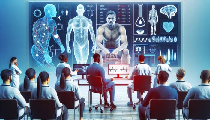 Testosterone Blood Test in Ormskirk: Patient in Ormskirk undergoing testosterone blood test, healthcare professionals analyzing results on screen.