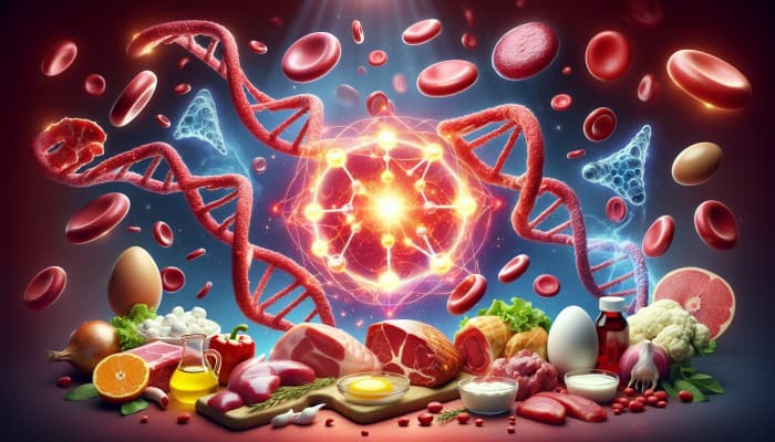 Vitamin B12 Blood Test in Stockport: A collage of meat, fish, eggs, and dairy around a cobalamin molecule, with red blood cells and DNA.