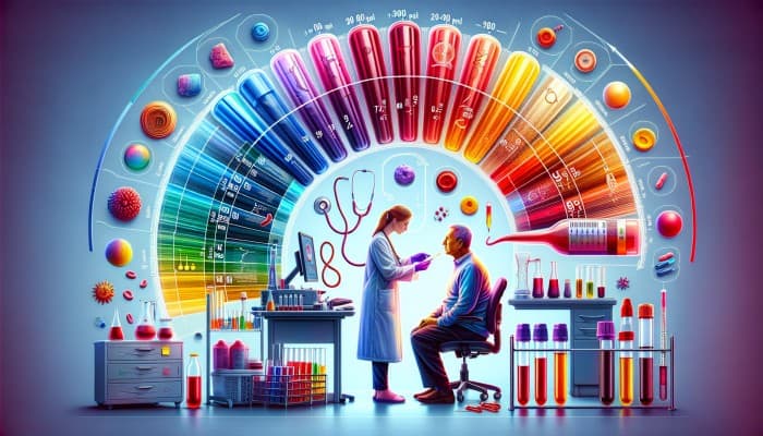 Infographic showing normal vitamin B12 levels (200-900 pg/mL) with a doctor and patient discussing results.