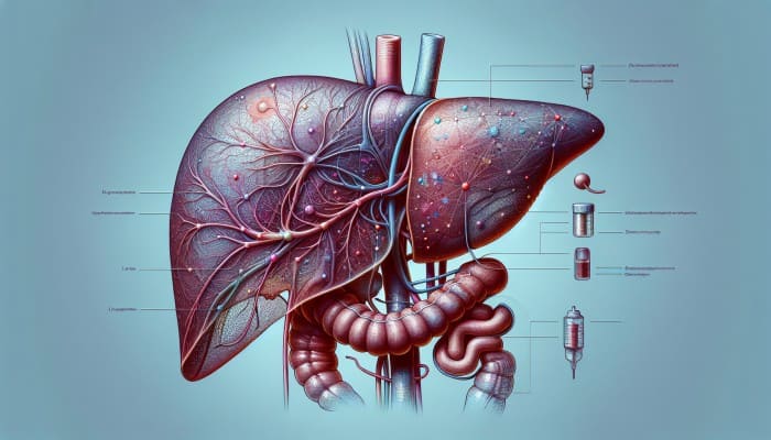 Advanced Liver Blood Test in Tewkesbury: A medical illustration of a liver showing damage from hepatitis and cirrhosis, with diagnostic tools and charts.