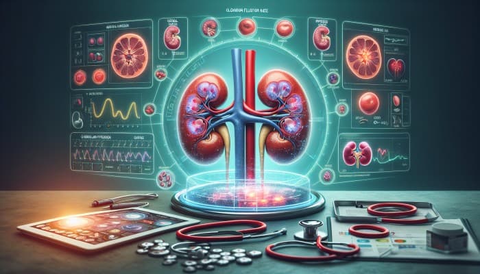 Diagram of kidney filtration process with labeled normal and impaired GFR values in a clinical setting.