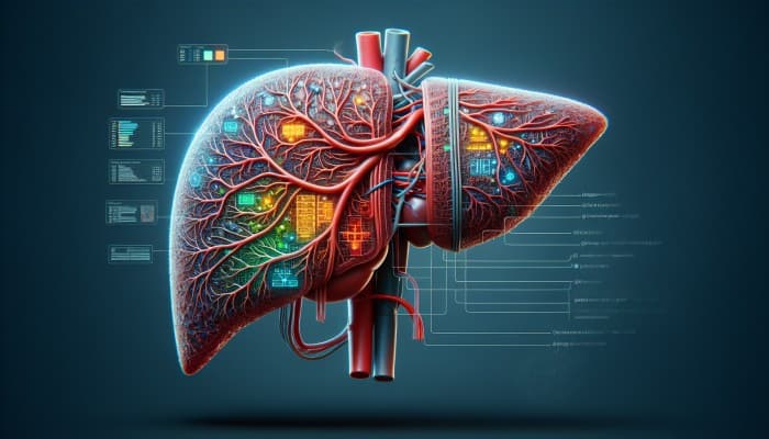 A detailed medical illustration of a liver with labeled sections showing advanced blood test results and health conditions.