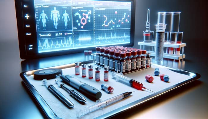 Male Hormone Blood Test in Wallsend: Illustration of a male hormone blood test with vials, syringe, and hormonal balance chart in a clinical setting.