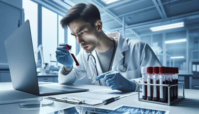 A medical technician labels a blood sample tube with patient details in a clean lab, emphasizing accuracy.