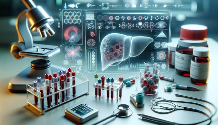 Liver Blood Test in Pudsey: Illustration of a liver blood test analyzing enzymes and proteins for health diagnostics and liver function assessment.