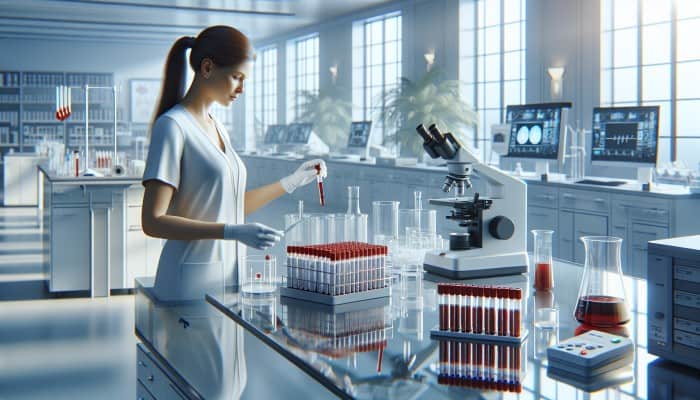 A technician in a calm lab setting preparing a blood sample for a liver test.