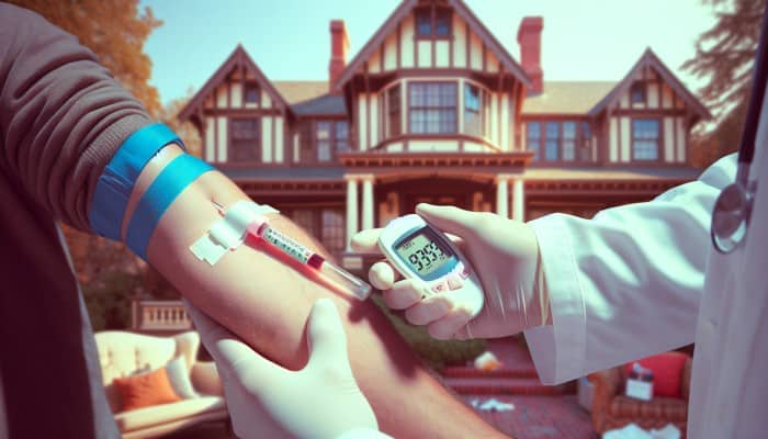 A medical professional drawing blood from a patient's arm in Brentwood clinic, with a glucose meter showing 6.1 mmol/L.