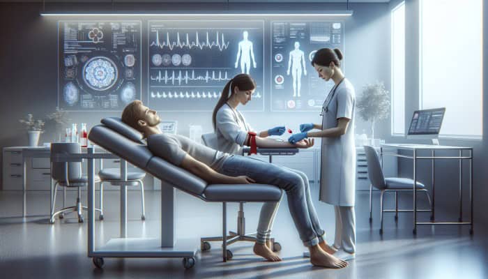 A phlebotomist drawing blood in a calm, modern clinic, emphasizing minimal discomfort and quick procedure.