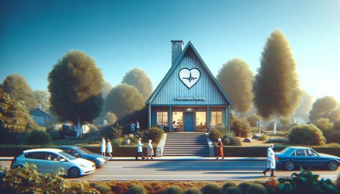 A serene medical clinic in Crowborough offering cholesterol testing, surrounded by greenery, under a clear sky.