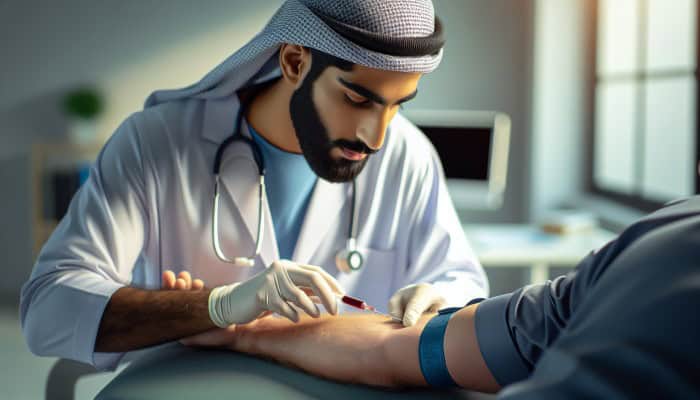 A healthcare professional drawing blood from a patient's inner elbow in a clinical setting in Sedgley.