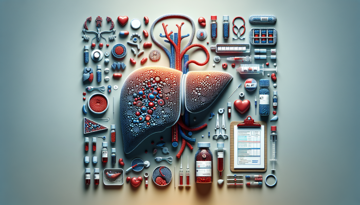 Advanced Liver Blood Test in Tiverton: A medical illustration of a liver with labeled enzymes and proteins, surrounded by blood test vials and diagnostic charts.