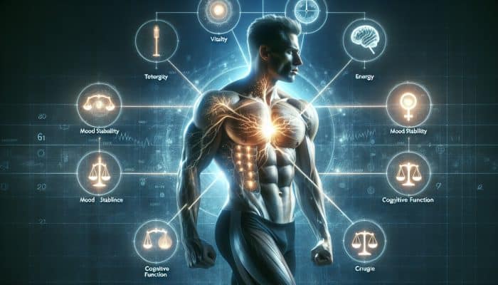 Testosterone Blood Test in Clevedon: A muscular man with strong bones, symbols of energy, mood, and cognition, illustrating testosterone's role in male health.