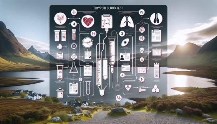 Thyroid Blood Test in Inverness: Infographic showing thyroid blood test process with Inverness landscapes and medical icons.
