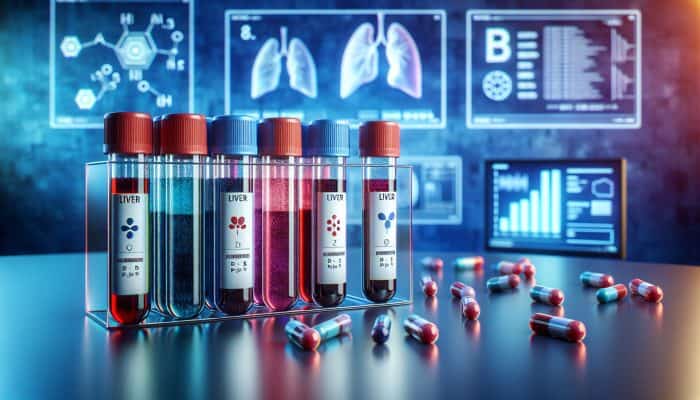 Advanced Liver Blood Test in Dinnington: Illustration of a liver blood test with labeled vials for enzymes, proteins, and bilirubin in a modern Dinnington lab.