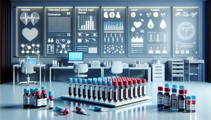 Well-person blood test in eastleigh: A detailed medical setup in a modern Eastleigh clinic with blood test vials and health charts.