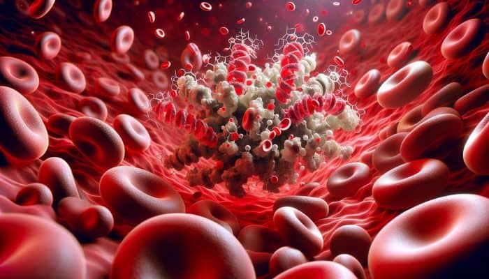 Microscopic view of ferritin molecules storing iron, surrounded by red blood cells, illustrating iron balance and health diagnostics.
