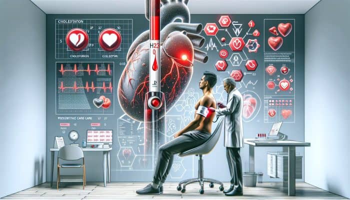Cholesterol Blood Test in St Albans: Person undergoing cholesterol test at clinic, results show high levels, surrounded by heart health information.