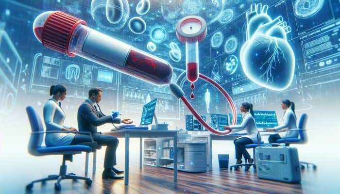 A modern health clinic in St Albans conducting a cholesterol blood test during a routine health assessment.