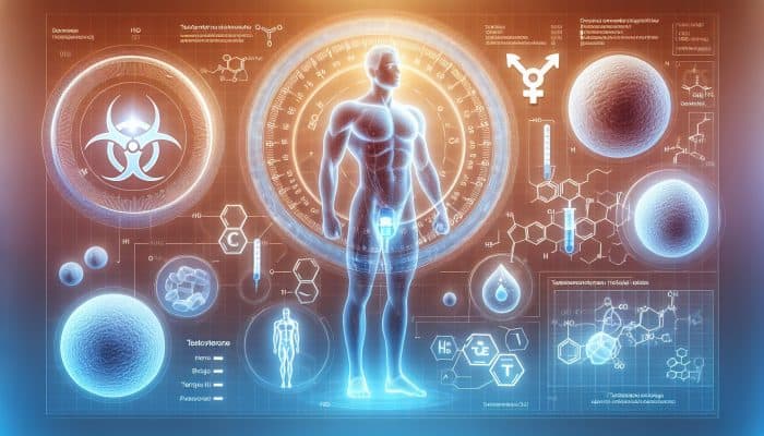Testosterone Blood Test in Windlesham: Illustration of testosterone blood test showing hormone's structure and effects on muscle, energy, and sexual development.