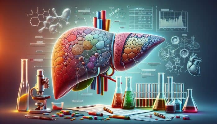 Advanced Liver Blood Test in Blackwood: Illustration of a liver with highlighted sections showing enzyme levels, protein markers, and health indicators.