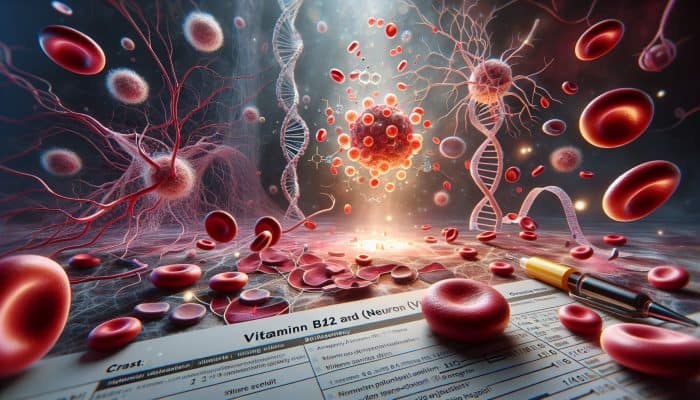 Vitamin B12 Blood Test in Prescot: Illustration of Vitamin B12's role in energizing cells and DNA, showing deficiency effects.