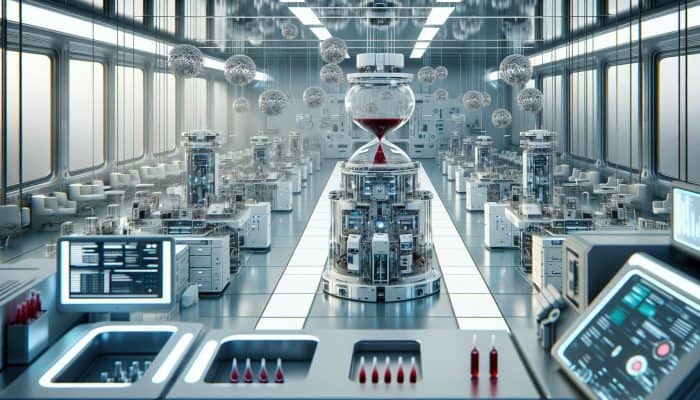 Blood Test Nanotechnology: A futuristic lab with nanoscale devices analyzing a blood sample, enhancing diagnostic accuracy and speed.