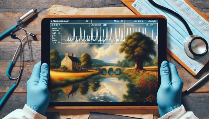 A Gainsborough-style painting of a serene countryside with a medical lab, featuring a detailed cholesterol blood test report and expert analysis.