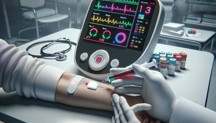 Diabetes Blood Test in Bicester: Vitamin D Blood Test in Castleford: Vitamin D is an essential nutrient that plays a vital role in maintaining bone health , supporting immuneA medical professional drawing blood from a patient's arm, with a glucometer showing glucose levels in a clinic.