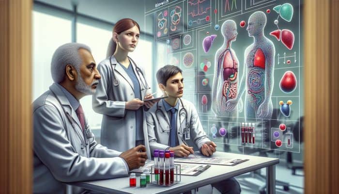 A medical illustration of liver blood testing in a modern Bloxwich clinic, with experts and equipment.
