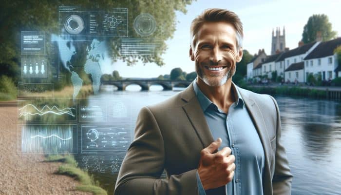 A middle-aged man looking revitalized and happy by a serene riverside in Walton-on-Thames after testosterone therapy.