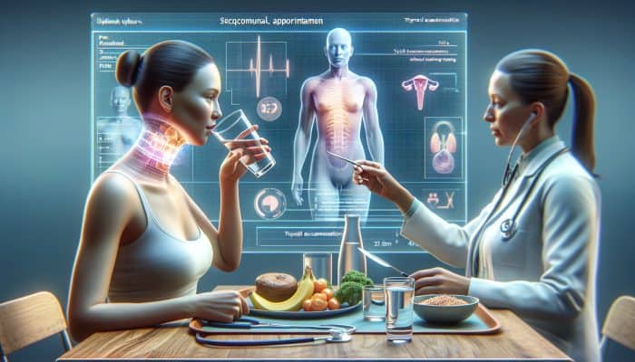 Person drinking water and eating after thyroid test, calendar showing follow-up, doctor discussing results in clinic.